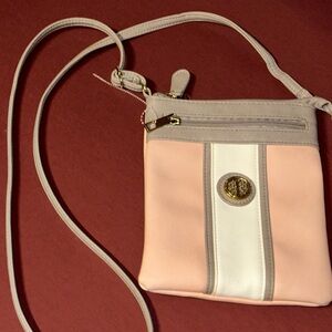 Small Pink Crossbody Bag with White Stripe and Gold Accent